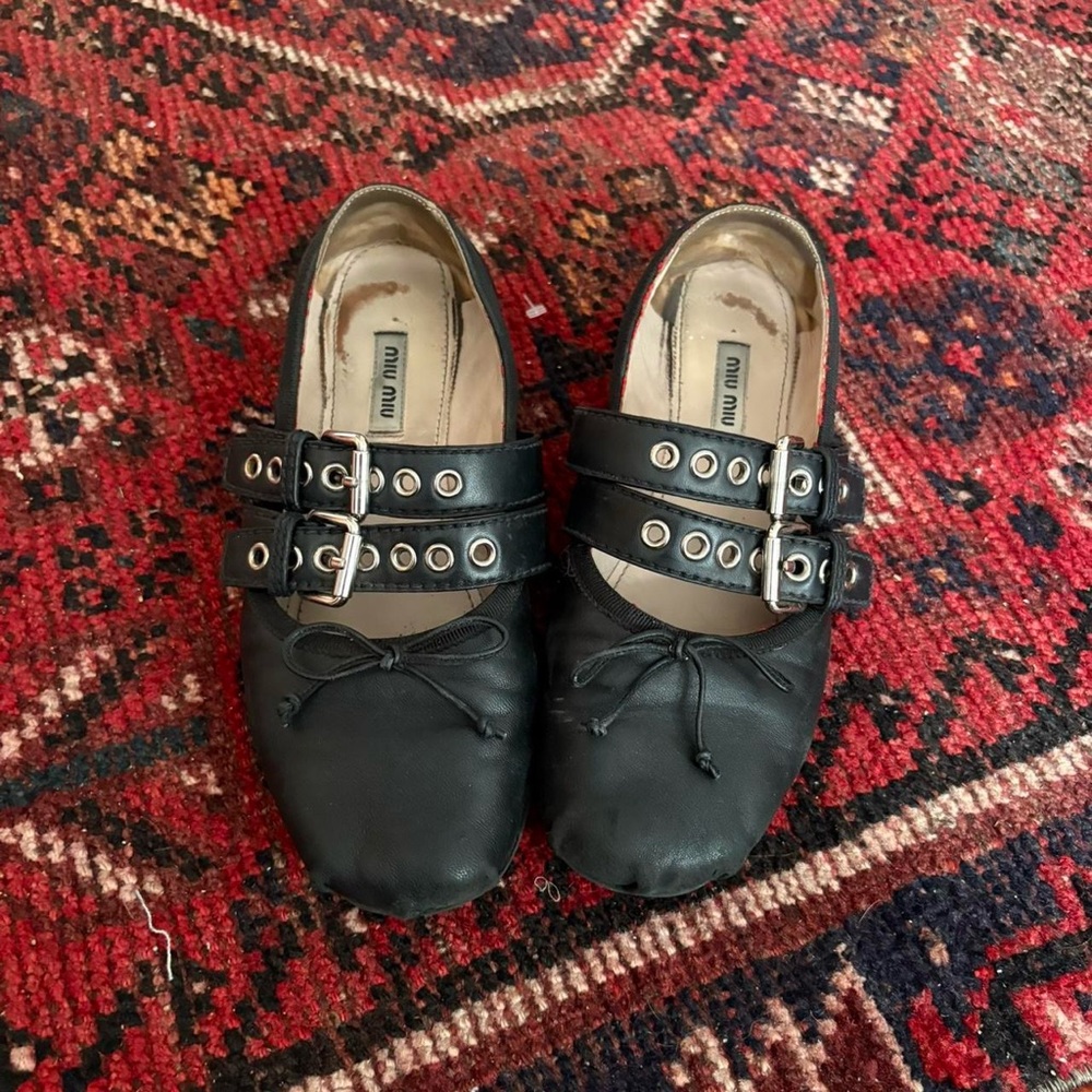 Miu Miu Black Leather Double Buckle ballet flats